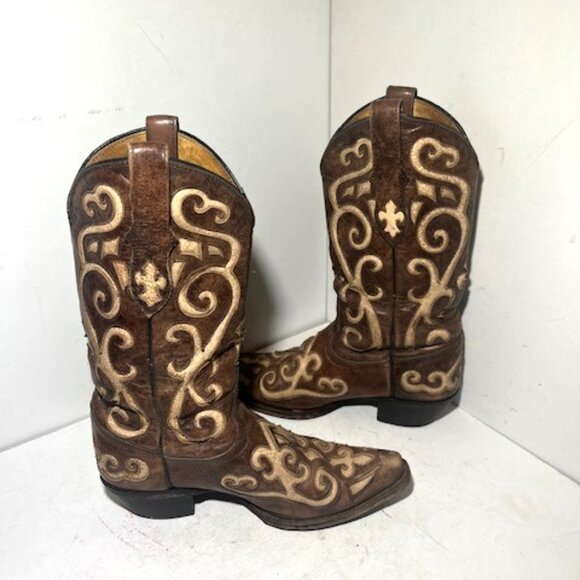 Tony Lama Brown and Cream Heeled Boots - Picture 3 of 11